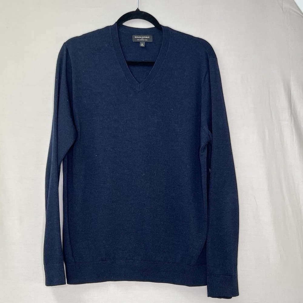 Banana Republic Mens Merino‎ Wool Sweater Sz M Navy Blue Knit V Neck Long Sleeve